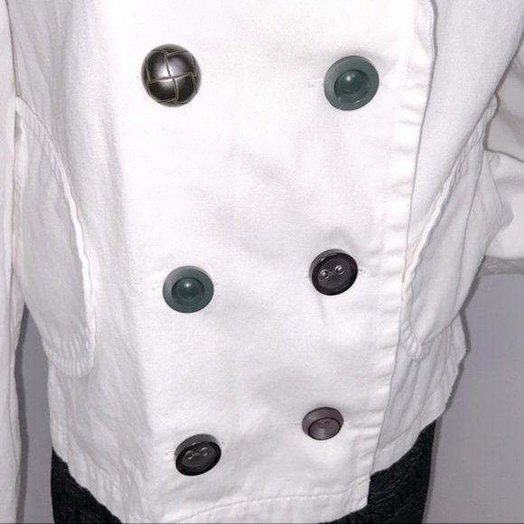 Double Breasted Eclectic Buttons White Cropped Canvas Pea Coat Jacket Si… - Picture 7 of 12